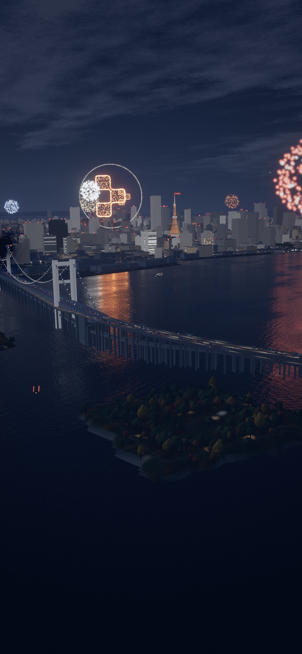 Tokyo Bay at night: Rainbow Bridge, Tokyo Tower and Replit fireworks over the skyline